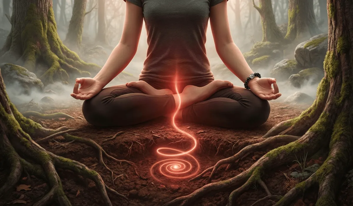 The Spiritual Meaning and Symbolism of Buddha Head Obsidian Bracelets 1 - Buddha Bodhis Meditation scene showing a Buddha head obsidian bracelet helping with root chakra grounding and spiritual stability.