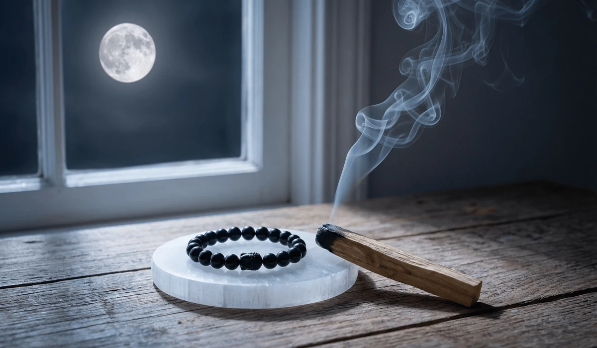 The Spiritual Meaning and Symbolism of Buddha Head Obsidian Bracelets 3 - Buddha Bodhis An obsidian Buddha bracelet being cleansed with sage smoke and charged on a selenite plate under moonlight.