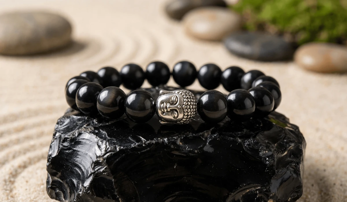 The Spiritual Meaning and Symbolism of Buddha Head Obsidian Bracelets - Buddha Bodhis Close-up of a black obsidian bracelet with a silver Buddha head bead resting on raw volcanic glass.