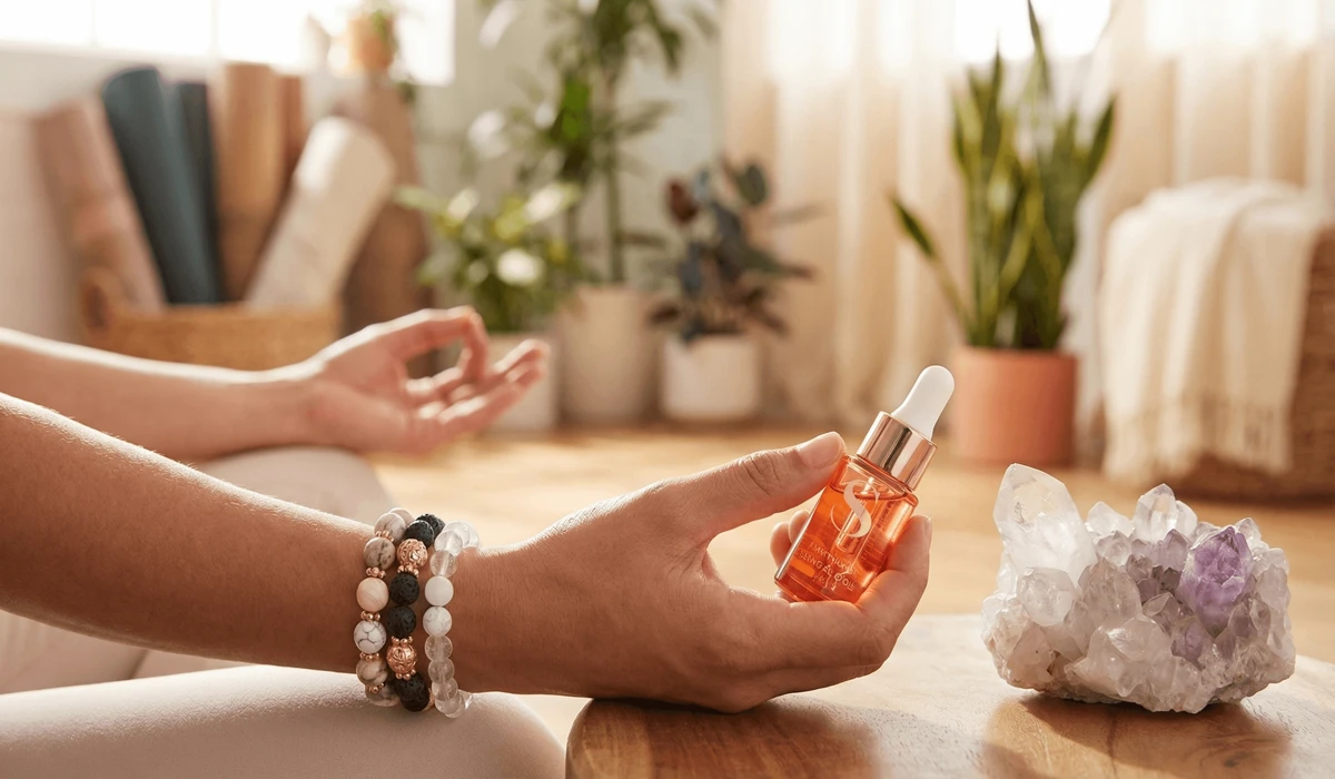 The Complete 2026 Guide to Healing Crystals: Best Stones for Emotional and Physical Wellness 2 - Buddha Bodhis Person wearing crystal healing bracelets and using aromatherapy for meditation and mindfulness.