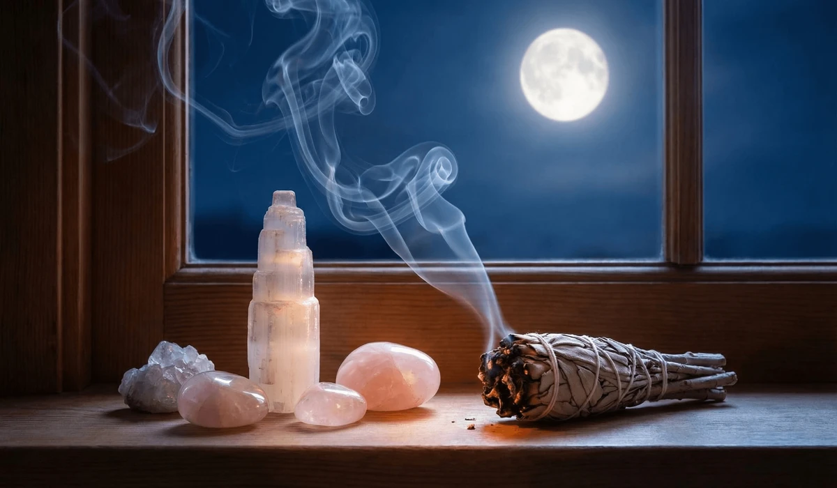 The Complete 2026 Guide to Healing Crystals: Best Stones for Emotional and Physical Wellness 4 - Buddha Bodhis Cleansing and charging healing crystals under moonlight with sage smoke ritual.