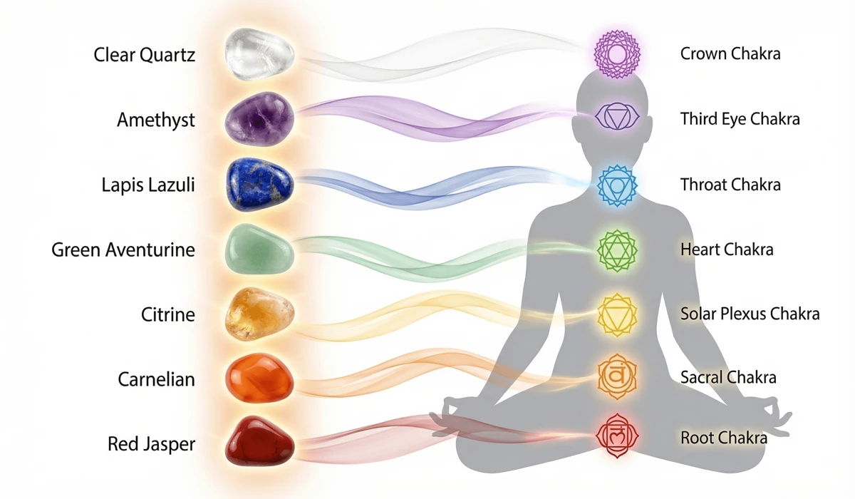 The Complete 2026 Guide to Healing Crystals: Best Stones for Emotional and Physical Wellness 1 - Buddha Bodhis Diagram of crystal chakra connection showing 7 stones aligned for energy healing and spiritual growth.
