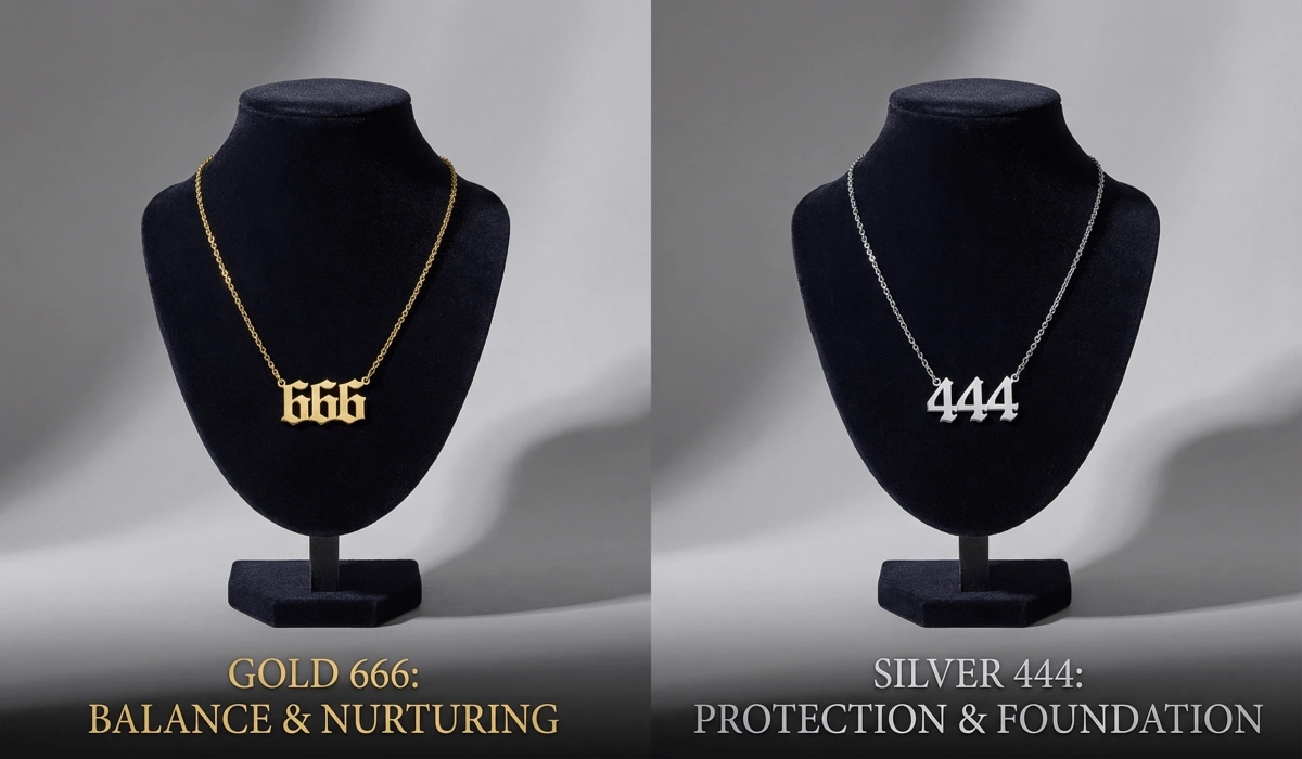The Meaning of a 666 Angel Number Necklace: Is It Bad Luck? 3 - Buddha Bodhis Comparison of 666 and 444 angel number jewelry, illustrating the different spiritual meanings of balance vs. protection.