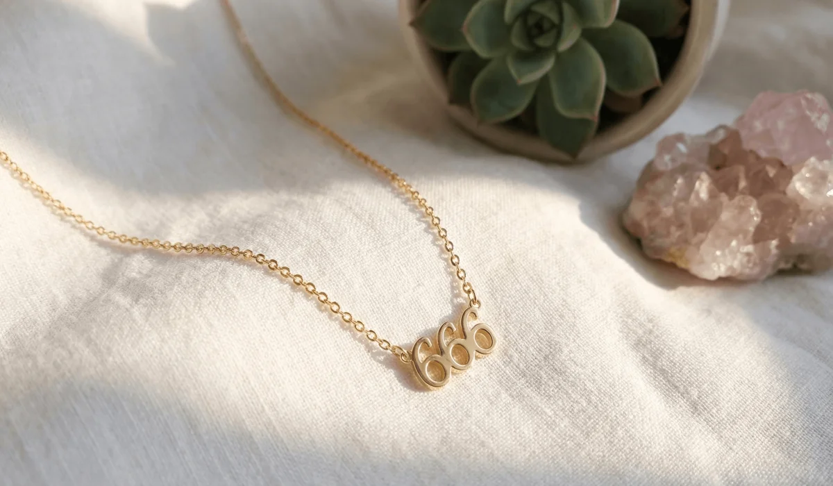 The Meaning of a 666 Angel Number Necklace: Is It Bad Luck? - Buddha Bodhis A delicate gold 666 angel number necklace symbolizing spiritual balance and harmony, placed next to a rose quartz crystal.