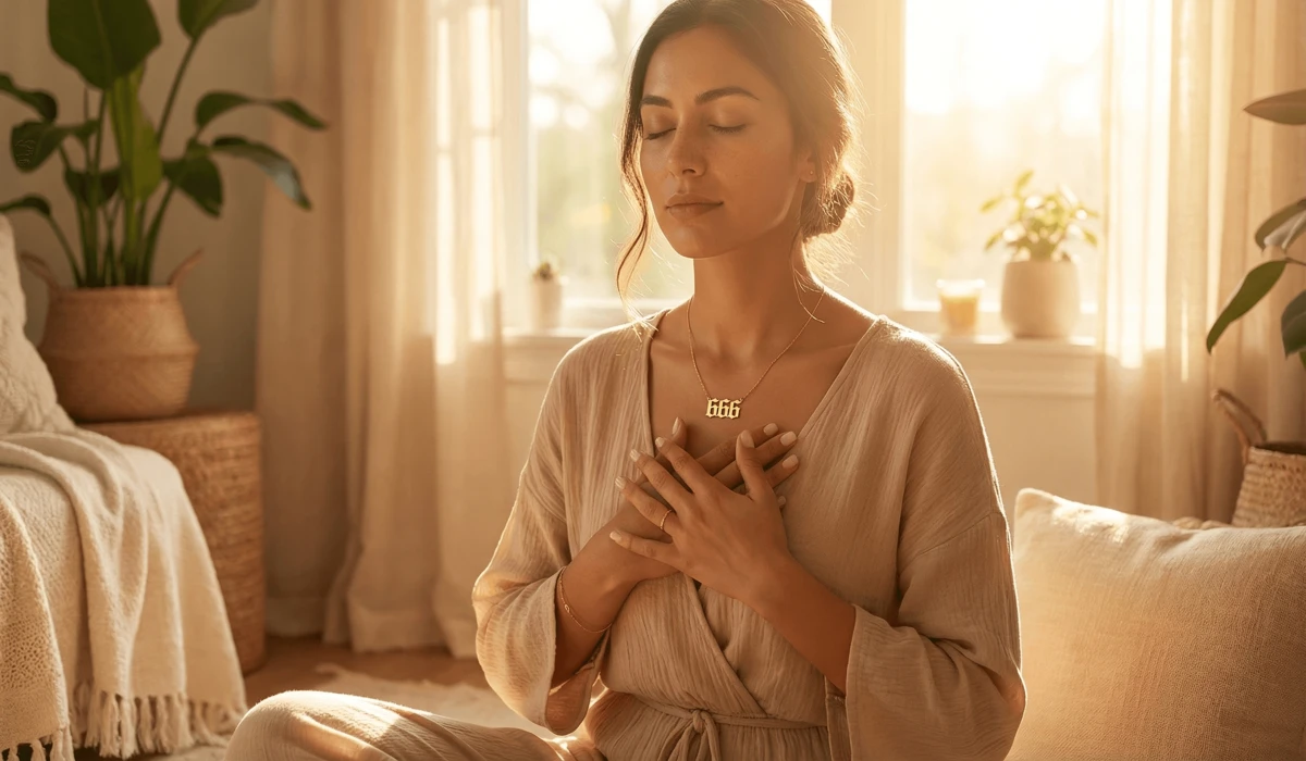 The Meaning of a 666 Angel Number Necklace: Is It Bad Luck? 1 - Buddha Bodhis A woman wearing a 666 necklace during meditation, representing heart chakra alignment and spiritual growth.