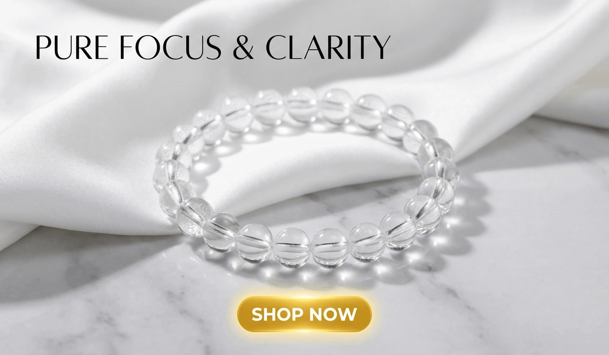 The Meaning of a 666 Angel Number Necklace: Is It Bad Luck? 2 - Buddha Bodhis Premium Natural Clear Quartz Bracelet for focus and clarity, featuring master healer crystal beads on a minimalist Zen background with a Shop Now button for SEO blog content.