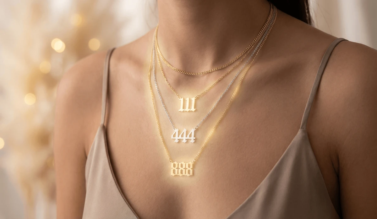 Seeing Multiple Angel Numbers: Understanding Their Combined Meanings - Buddha Bodhis Layered gold and silver angel number necklaces 111, 444, and 888 with a glowing spiritual aura for manifestation.