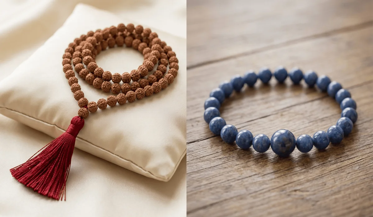 Choosing Between a 108 Mala Necklace and a Wrist Mala for Japa Meditation - Buddha Bodhis A comparison between a traditional 108 mala necklace and a modern wrist mala for Japa meditation.