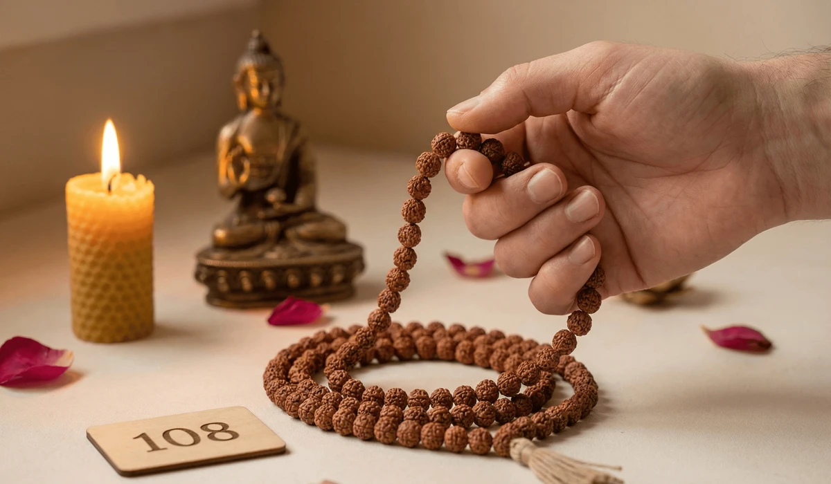 Choosing Between a 108 Mala Necklace and a Wrist Mala for Japa Meditation 2 - Buddha Bodhis A practitioner using a 108 mala necklace for formal Japa mantra recitation.