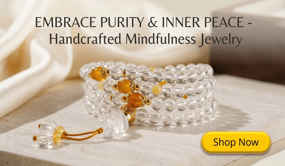 Choosing Between a 108 Mala Necklace and a Wrist Mala for Japa Meditation 4 - Buddha Bodhis Handcrafted 108 White Crystal Mala Bracelet with Amber accents displayed in a serene Zen setting for meditation and spiritual mindfulness.