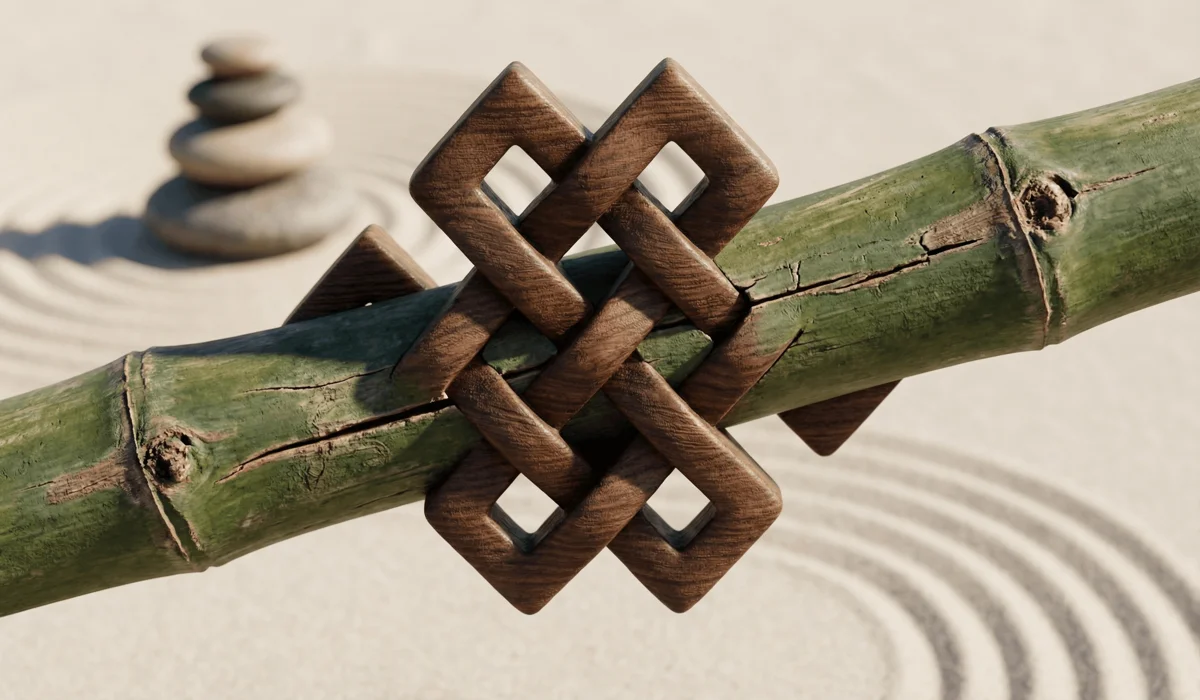 Ancient Symbols of Strength and Resilience: Timeless Icons of Inner Power 2 - Buddha Bodhis A Tibetan Endless Knot and green bamboo, symbolizing the interconnectedness of life and the strength found in flexibility.