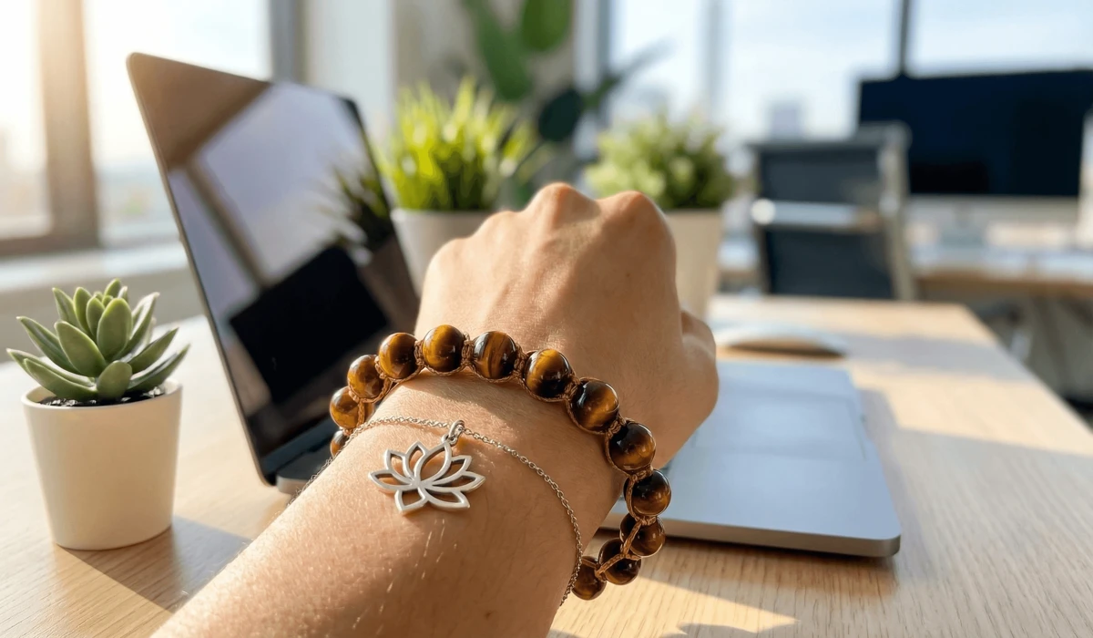Ancient Symbols of Strength and Resilience: Timeless Icons of Inner Power 3 - Buddha Bodhis Modern jewelry featuring a Tiger Eye bracelet and Lotus pendant, used as mindfulness anchors for inner fortitude in a workplace setting.