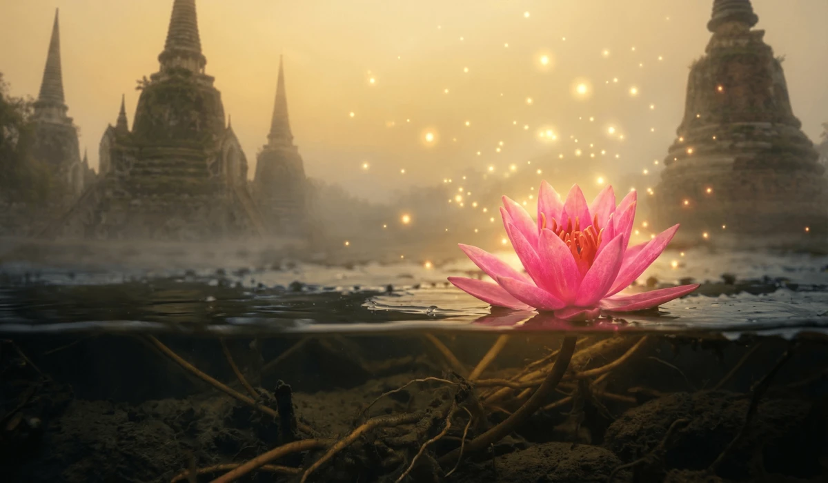 Ancient Symbols of Strength and Resilience: Timeless Icons of Inner Power - Buddha Bodhis A radiant pink lotus flower blooming from dark mud, symbolizing spiritual awakening and resilience in Tibetan Buddhism.