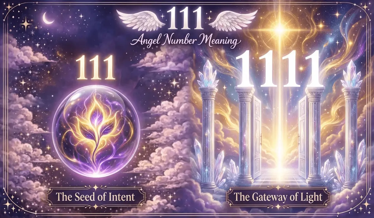 Angel Numbers 111 and 1111: Understanding the Difference in Meaning and Vibrational Power 1 - Buddha Bodhis Visual comparison between Angel Number 111 as a seed of manifestation and 1111 as a spiritual gateway.