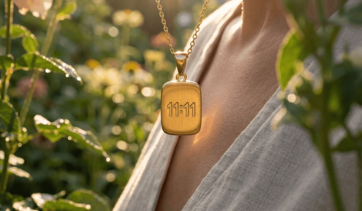 Angel Numbers 111 and 1111: Understanding the Difference in Meaning and Vibrational Power 2 - Buddha Bodhis Minimalist gold 1111 angel number necklace worn as a spiritual talisman for grounding and mindfulness.