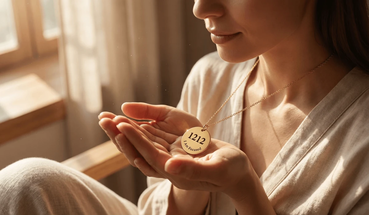 The Meaning of Angel Number 1212: A Guide to Spiritual Harmony and Alignment 3 - Buddha Bodhis Minimalist gold Angel Number 1212 necklace worn as a spiritual talisman for mindfulness and protection.