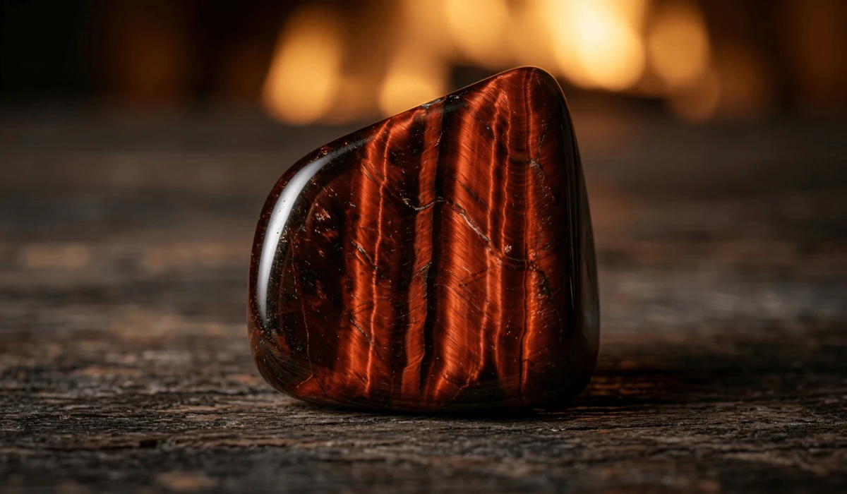 Red Tiger’s Eye: Meaning, Healing Properties, and Spiritual Benefits - Buddha Bodhis Macro view of a Red Tiger Eye stone showing its unique chatoyancy and deep red bands, symbolizing motivation and passion.