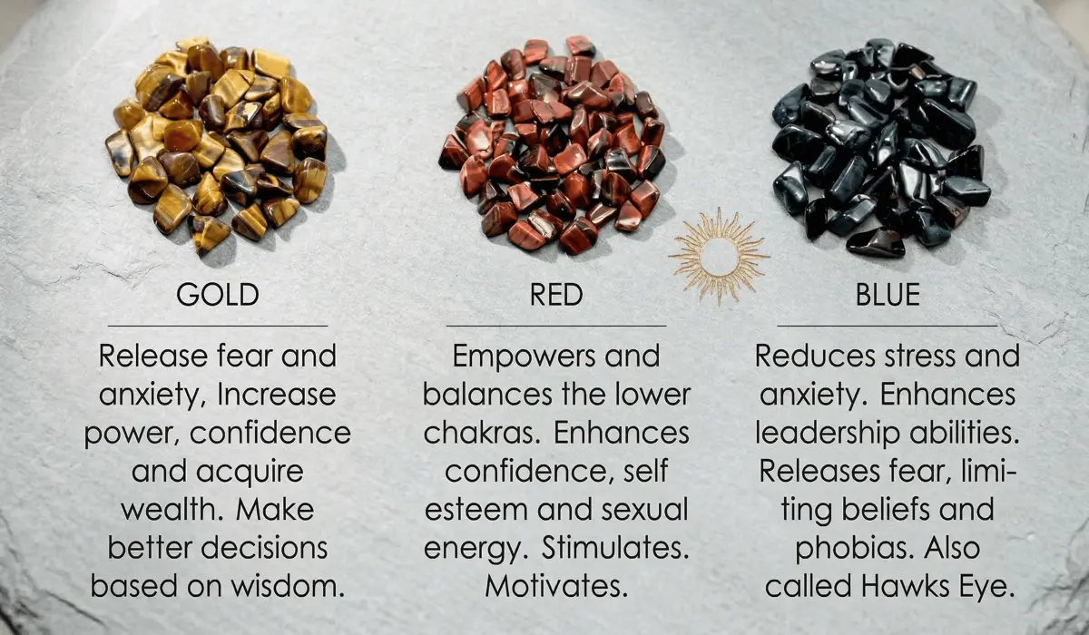 Red Tiger’s Eye: Meaning, Healing Properties, and Spiritual Benefits 3 - Buddha Bodhis Comparison of Red, Golden, and Blue Tiger Eye stones highlighting their different colors and energetic properties.