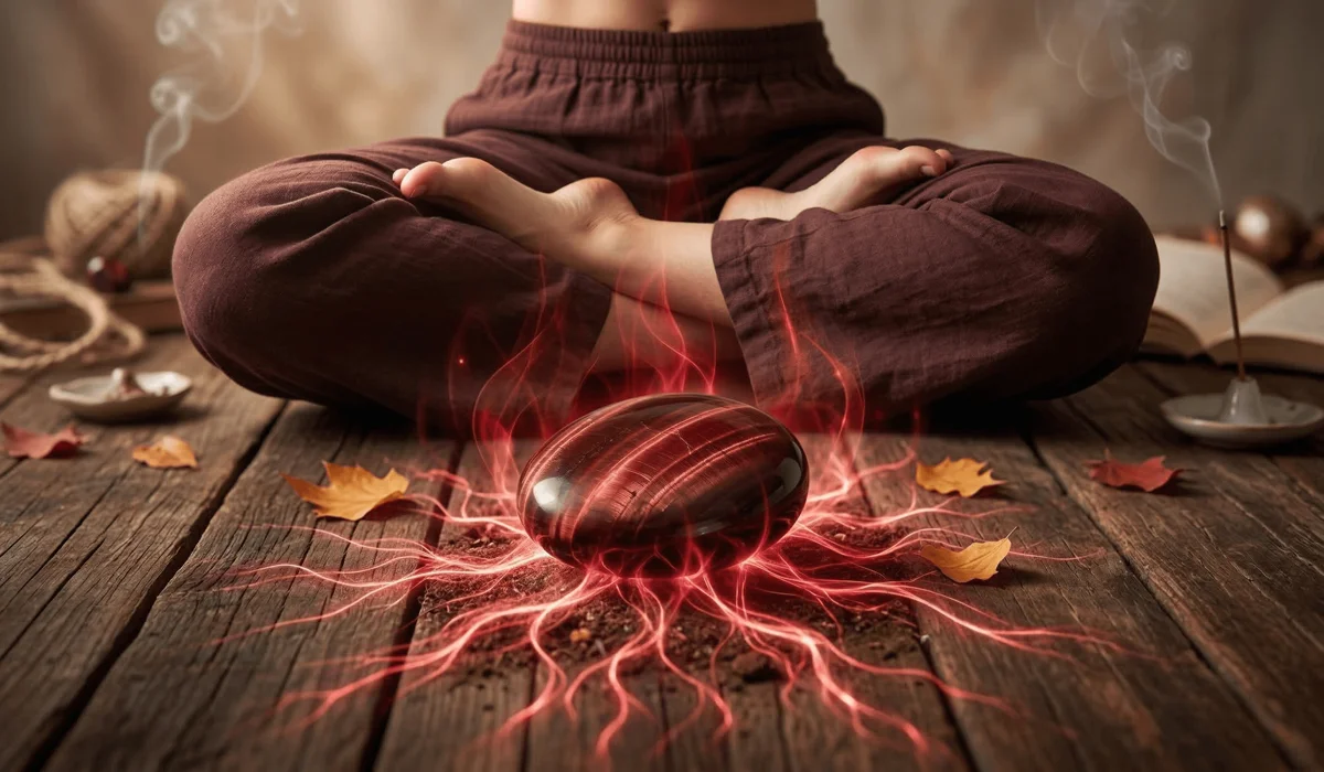 Red Tiger’s Eye: Meaning, Healing Properties, and Spiritual Benefits 1 - Buddha Bodhis A Red Tiger Eye stone used in meditation to balance the Root Chakra and provide spiritual grounding.