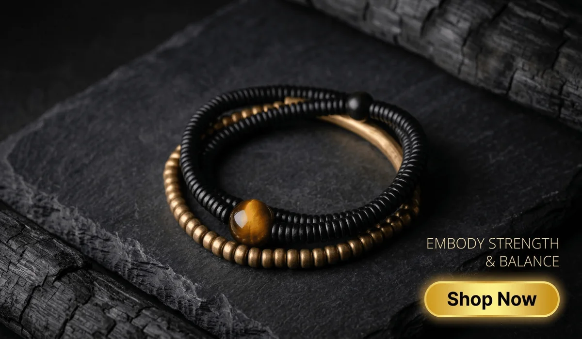 Red Tiger’s Eye: Meaning, Healing Properties, and Spiritual Benefits 4 - Buddha Bodhis The Ultimate Grounding Duo Tiger's Eye and Ebony Bracelet Set on a premium dark textured background with a Shop Now button