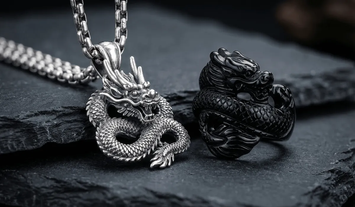 Men's Dragon Jewelry: The Meaning of Strength, Luck, and Status - Buddha Bodhis Intricate sterling silver dragon pendant and black obsidian ring for men, representing strength and masculine authority.