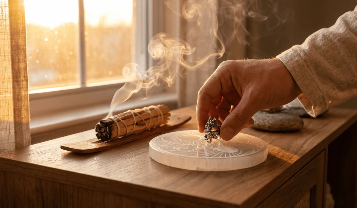 Men's Dragon Jewelry: The Meaning of Strength, Luck, and Status 4 - Buddha Bodhis A man cleansing and charging his silver dragon ring on a selenite plate with incense smoke for energy activation.