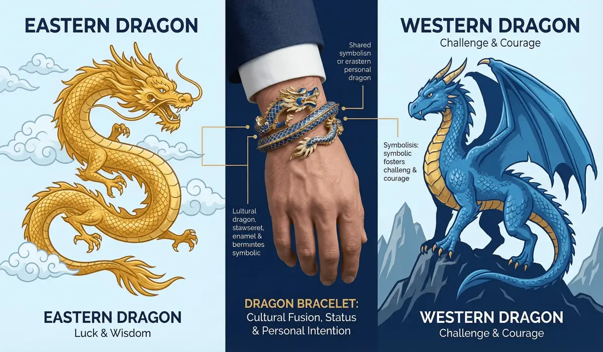 Men's Dragon Jewelry: The Meaning of Strength, Luck, and Status 3 - Buddha Bodhis Comparison of Eastern and Western dragon symbolism featuring a men's designer dragon bracelet.