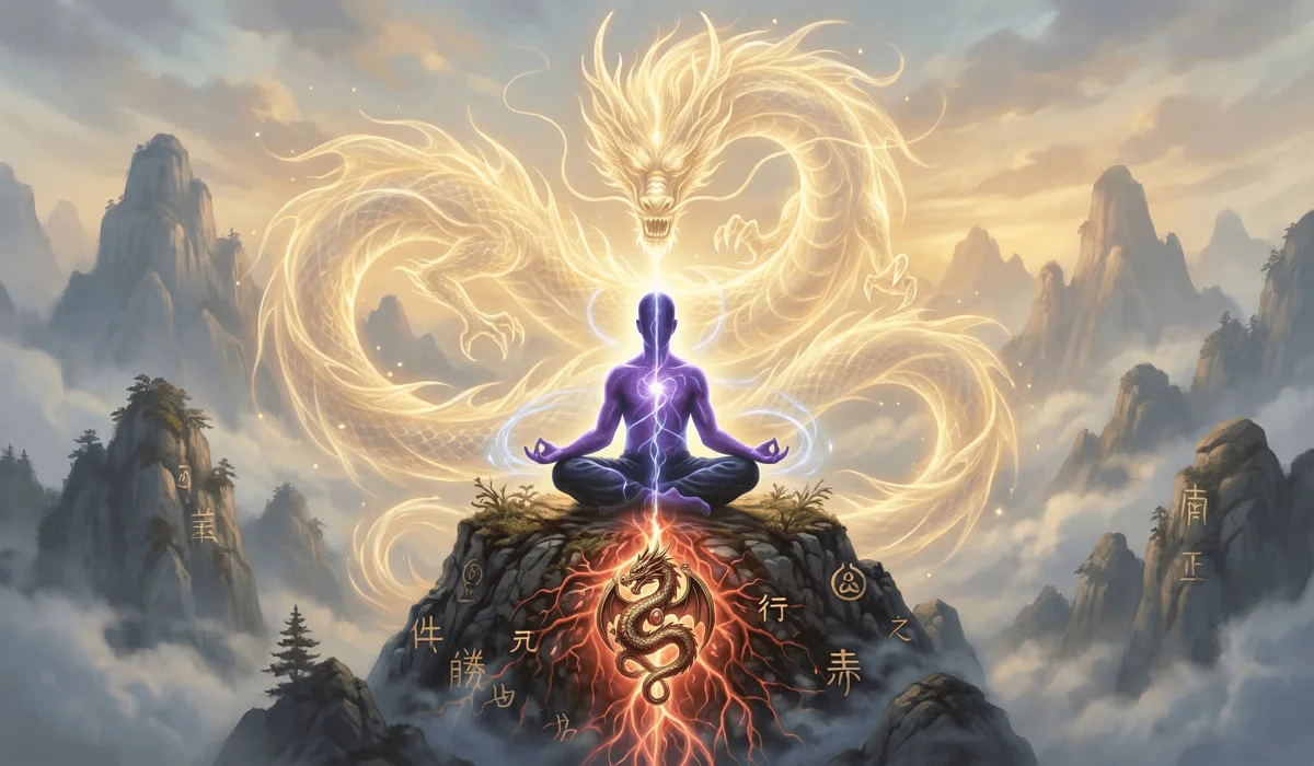 Men's Dragon Jewelry: The Meaning of Strength, Luck, and Status 1 - Buddha Bodhis Spiritual illustration of a celestial dragon symbol connecting to a man's energy centers for protection and grounding.