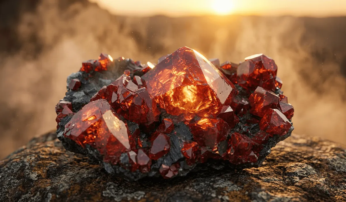The Spiritual Meaning of Red: Its Power, Symbolism, and Protective Qualities - Buddha Bodhis A close-up of a vibrant red raw cinnabar crystal glowing with spiritual energy, representing the power of red and its alchemical origins.