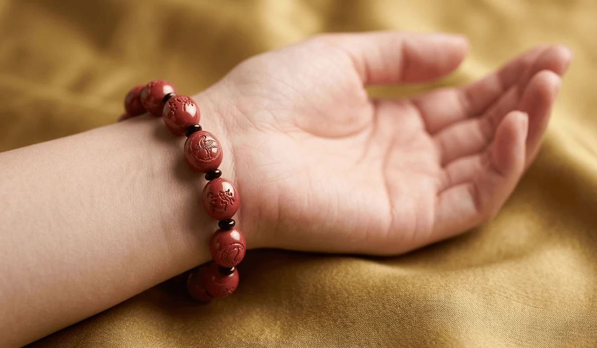 The Spiritual Meaning of Red: Its Power, Symbolism, and Protective Qualities 2 - Buddha Bodhis A cinnabar bead bracelet worn on the left hand for Feng Shui protection and attracting wealth energy.
