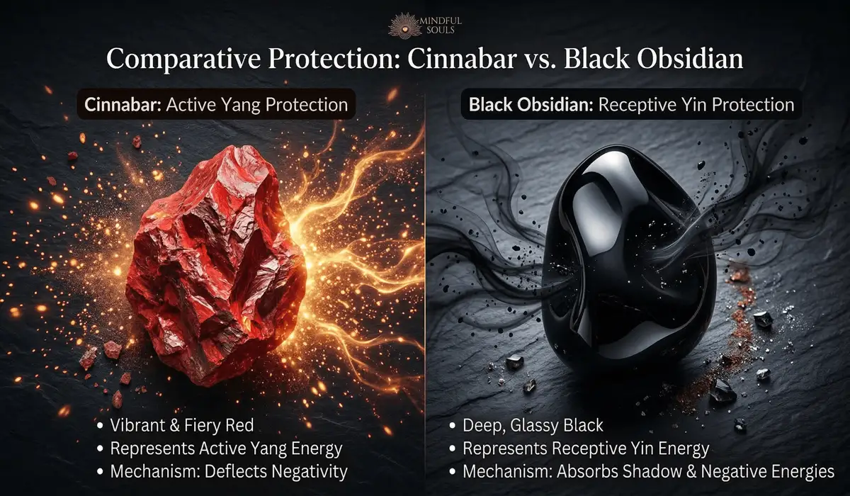 The Spiritual Meaning of Red: Its Power, Symbolism, and Protective Qualities 4 - Buddha Bodhis Visual comparison between Cinnabar and Black Obsidian, showing the difference between deflecting and absorbing negative energy.