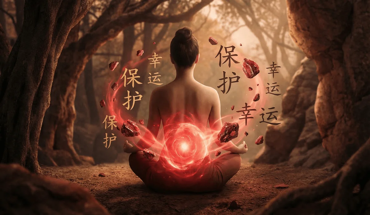 The Spiritual Meaning of Red: Its Power, Symbolism, and Protective Qualities 1 - Buddha Bodhis Spiritual illustration of the Root Chakra aligned with cinnabar energy, symbolizing grounding, vitality, and traditional Eastern protection.