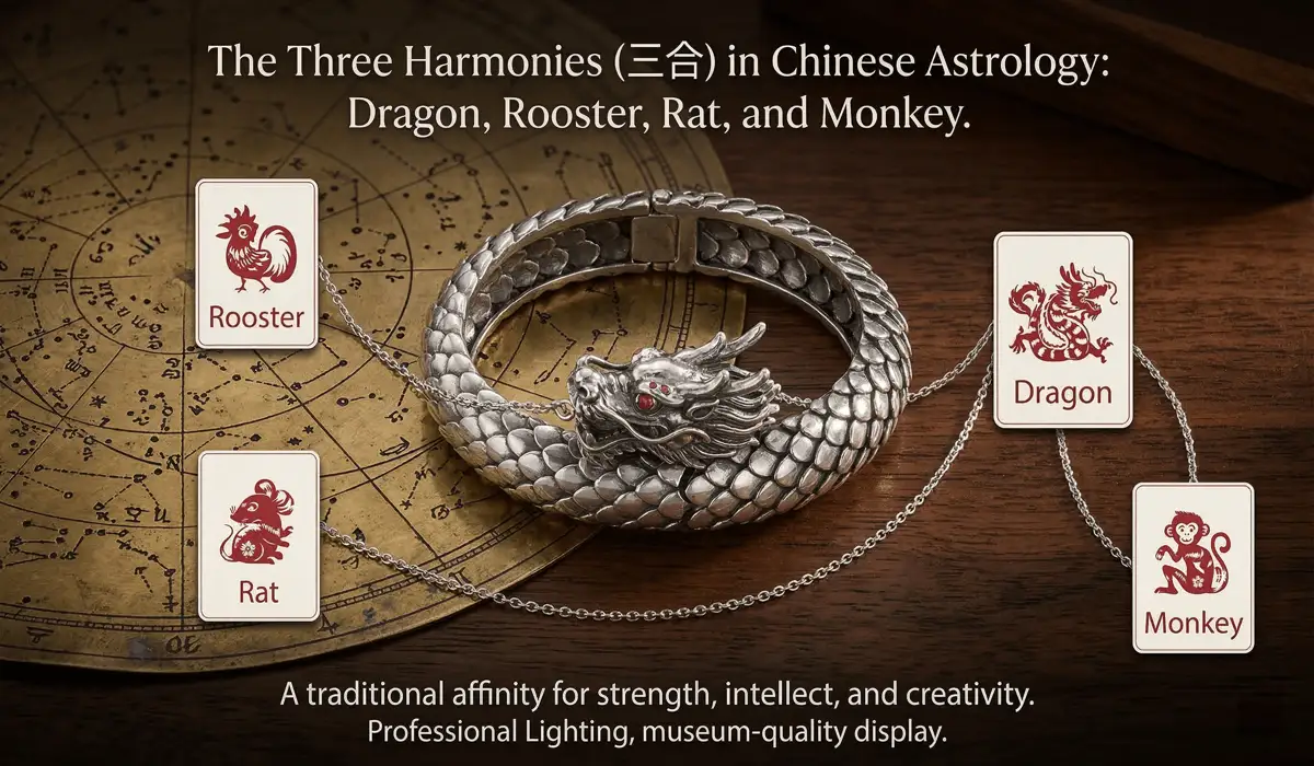 Who Should Not Wear Dragon Jewelry? Feng Shui Taboos and Zodiac Compatibility 3 - Buddha Bodhis Visual representation of zodiac compatibility for dragon jewelry featuring the Rooster, Rat, and Monkey signs.
