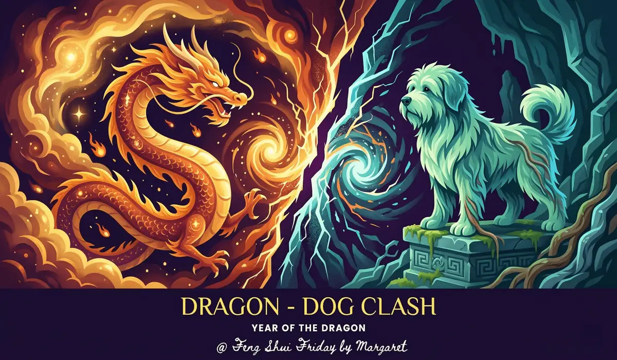 Who Should Not Wear Dragon Jewelry? Feng Shui Taboos and Zodiac Compatibility 4 - Buddha Bodhis A conceptual diagram illustrating the zodiac clash between the Dog sign and Dragon jewelry energy in Feng Shui.