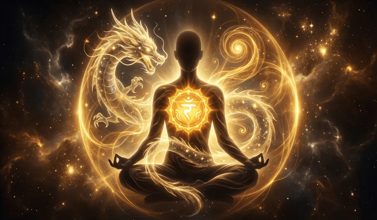 Who Should Not Wear Dragon Jewelry? Feng Shui Taboos and Zodiac Compatibility 1 - Buddha Bodhis Spiritual illustration of dragon jewelry energy aligning with the Solar Plexus chakra for power and protection.