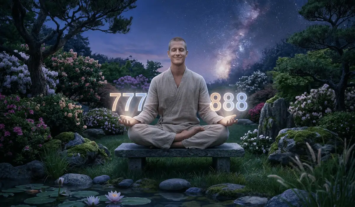 The Meaning of Seeing 777 and 888: Distinguishing Spiritual Luck from Financial Abundance 3 - Buddha Bodhis A person meditating to integrate the wisdom of 777 and 888 for a balanced life of intuition and prosperity.