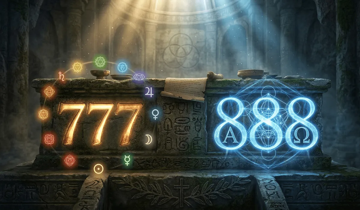 The Meaning of Seeing 777 and 888: Distinguishing Spiritual Luck from Financial Abundance - Buddha Bodhis Ancient mystical symbols of 777 and 888 representing spiritual completion and divine resurrection in a sacred temple setting.