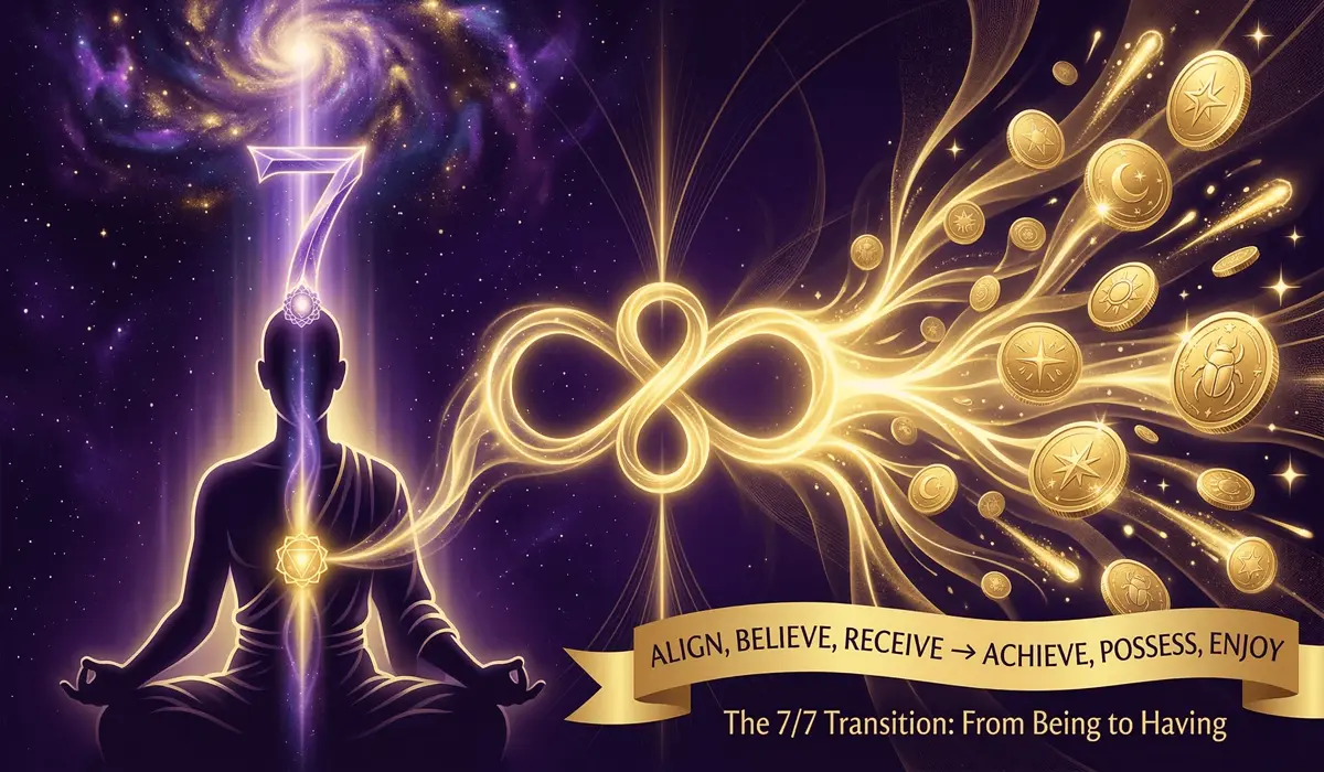 The Meaning of Seeing 777 and 888: Distinguishing Spiritual Luck from Financial Abundance 1 - Buddha Bodhis Metaphysical illustration showing the energy transition from 777 spiritual alignment to 888 material manifestation.