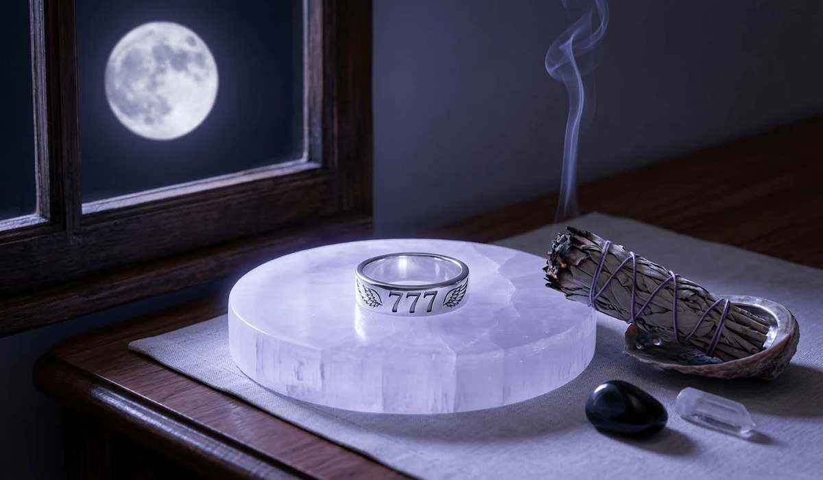 Where to Wear Your Angel Number Ring: A Guide to Meaning and Placement 4 - Buddha Bodhis Cleansing an angel number ring using a Selenite charging plate and sage smoke ritual to reset spiritual energy.