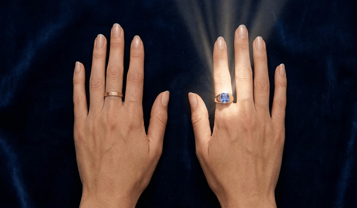 Where to Wear Your Angel Number Ring: A Guide to Meaning and Placement 2 - Buddha Bodhis Visual guide showing angel number ring placement on the index finger for manifestation and the ring finger for emotional alignment.