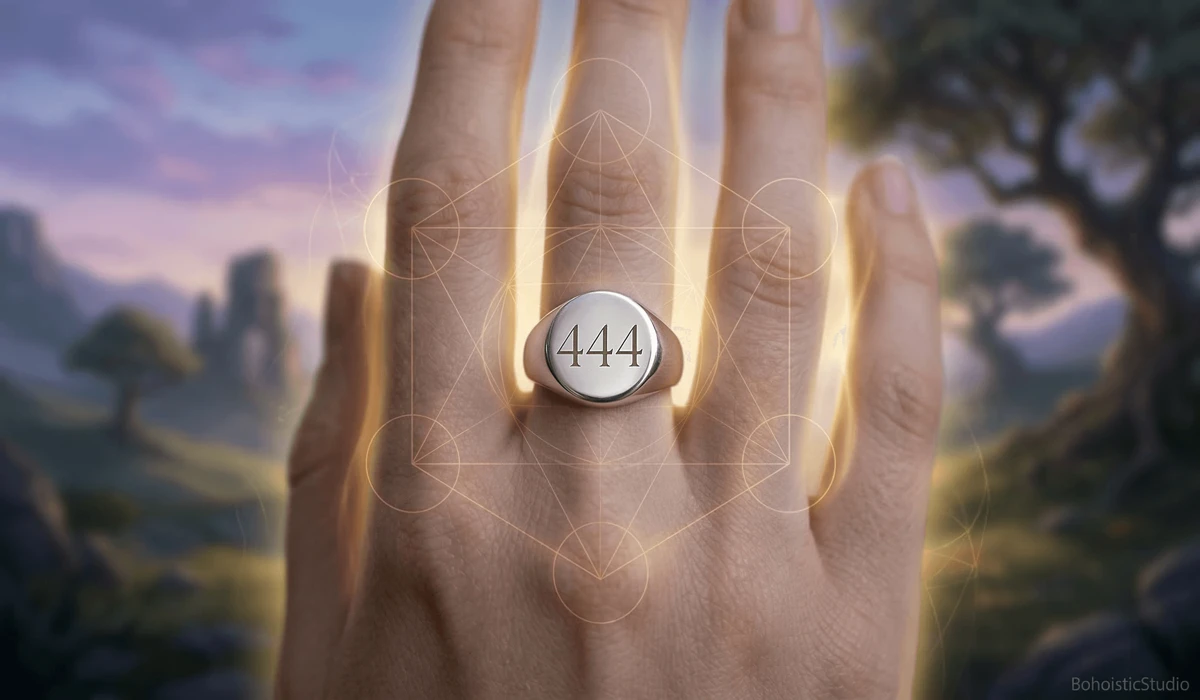 Where to Wear Your Angel Number Ring: A Guide to Meaning and Placement 1 - Buddha Bodhis Spiritual 444 angel number ring representing protection and stability with ethereal light effects and sacred geometry.