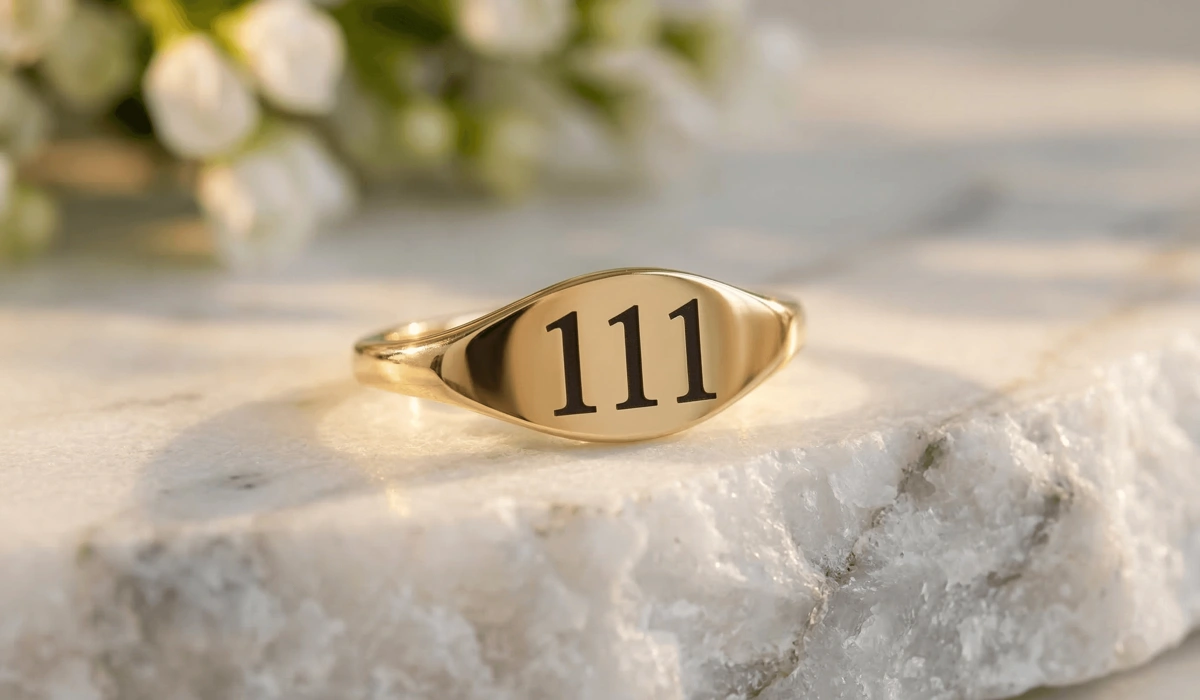 Where to Wear Your Angel Number Ring: A Guide to Meaning and Placement - Buddha Bodhis Minimalist gold 111 angel number ring on white marble, symbolizing new beginnings and spiritual intuition.