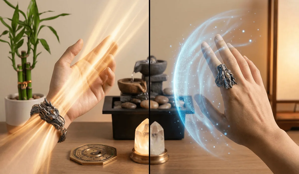 Dragon Jewelry for Protection: Meaning and Benefits of Warding Off Negative Energy 3 - Buddha Bodhis Infographic-style image showing how to wear dragon jewelry on the left or right hand for receiving protection or projecting authority.