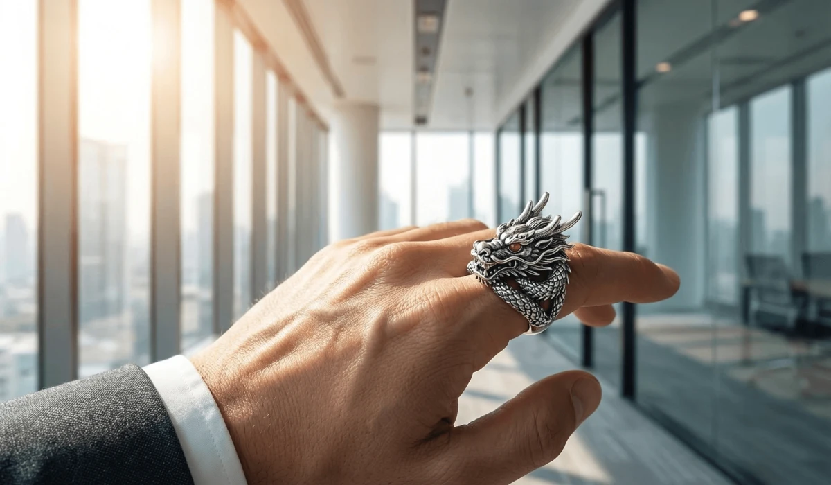 Dragon Jewelry for Protection: Meaning and Benefits of Warding Off Negative Energy 1 - Buddha Bodhis A silver dragon ring for power and authority worn in a professional office setting to enhance career stability.