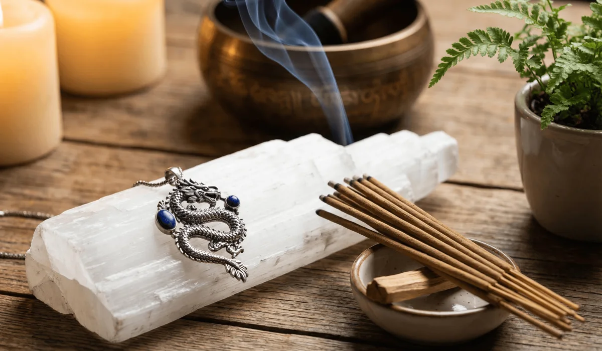 Dragon Jewelry for Protection: Meaning and Benefits of Warding Off Negative Energy 4 - Buddha Bodhis Dragon pendant being cleansed with sacred smoke and a selenite plate to recharge its protective energy.