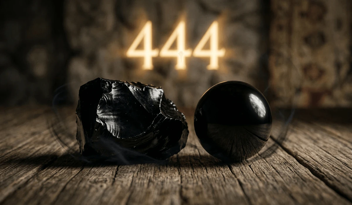 How to Use Black Obsidian with Angel Number 444 for Protection and Stability - Buddha Bodhis Black Obsidian crystals paired with a glowing Angel Number 444 representing spiritual protection and grounding synergy.