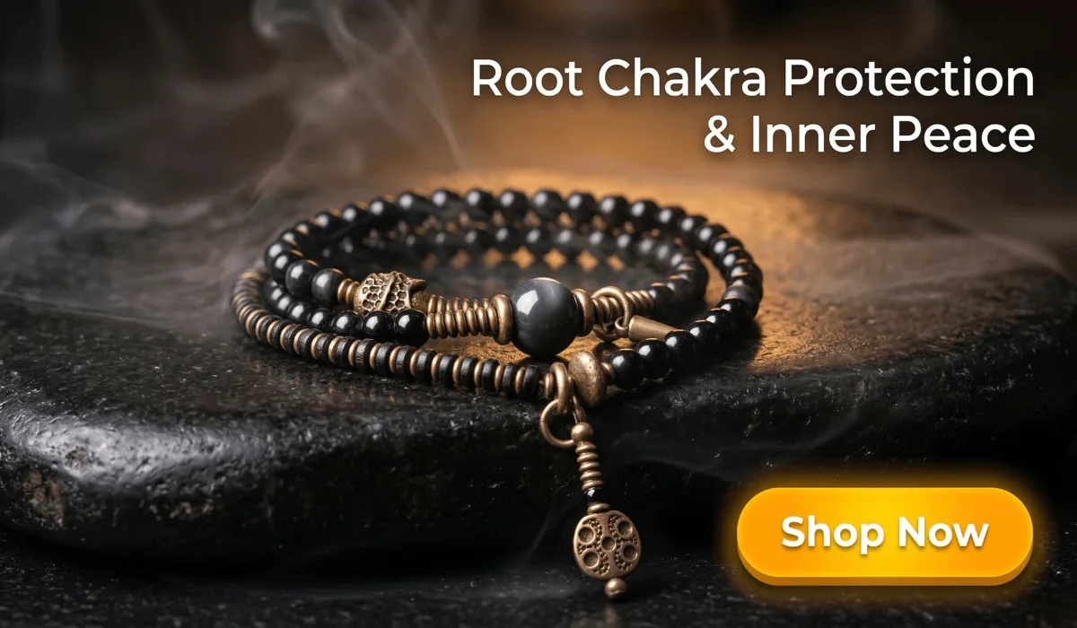 How to Use Black Obsidian with Angel Number 444 for Protection and Stability 3 - Buddha Bodhis High-end Black Obsidian and Ebony Wood Mala Bracelet for Root Chakra Protection, featuring bronze accents on a Zen-inspired dark stone background with a Shop Now button.