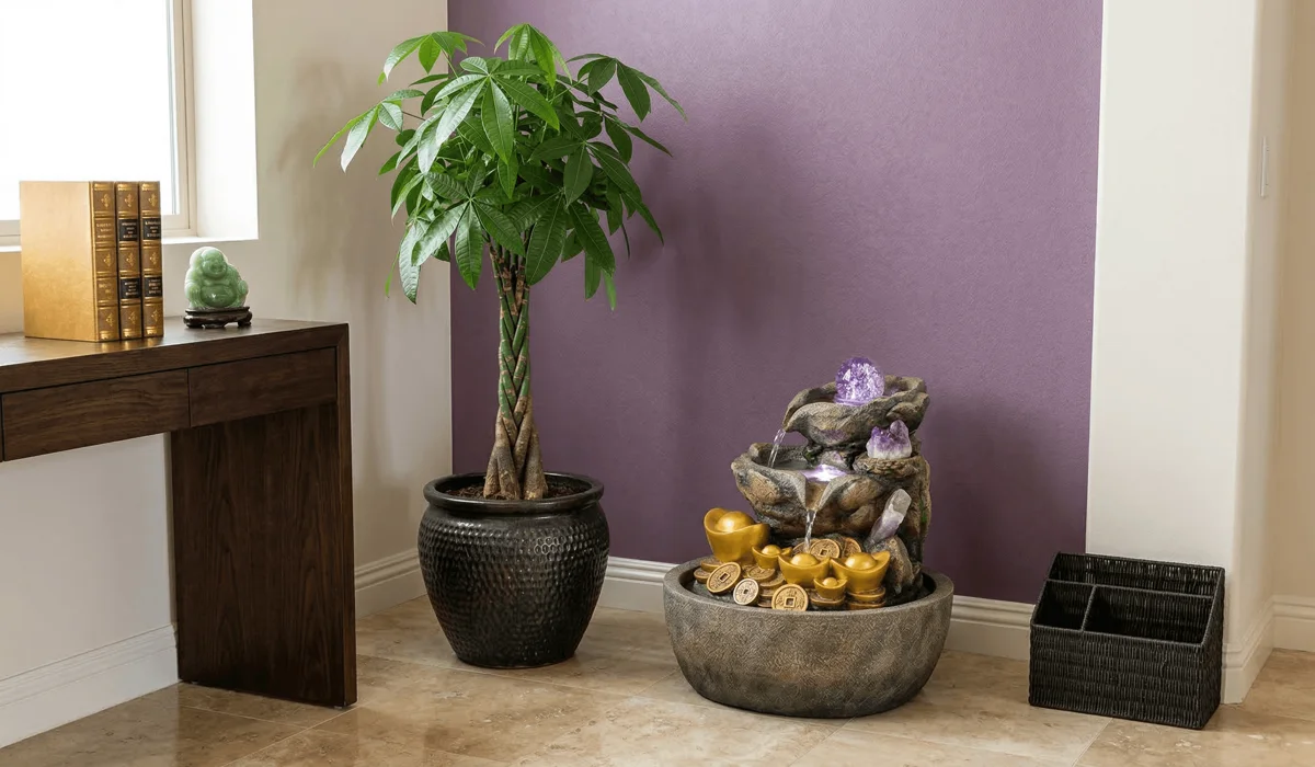 How to Use the Feng Shui Bagua Map to Attract Wealth in Your Living Room 2 - Buddha Bodhis A properly activated Feng Shui wealth corner featuring a Money Tree and a water fountain flowing inward to attract prosperity.