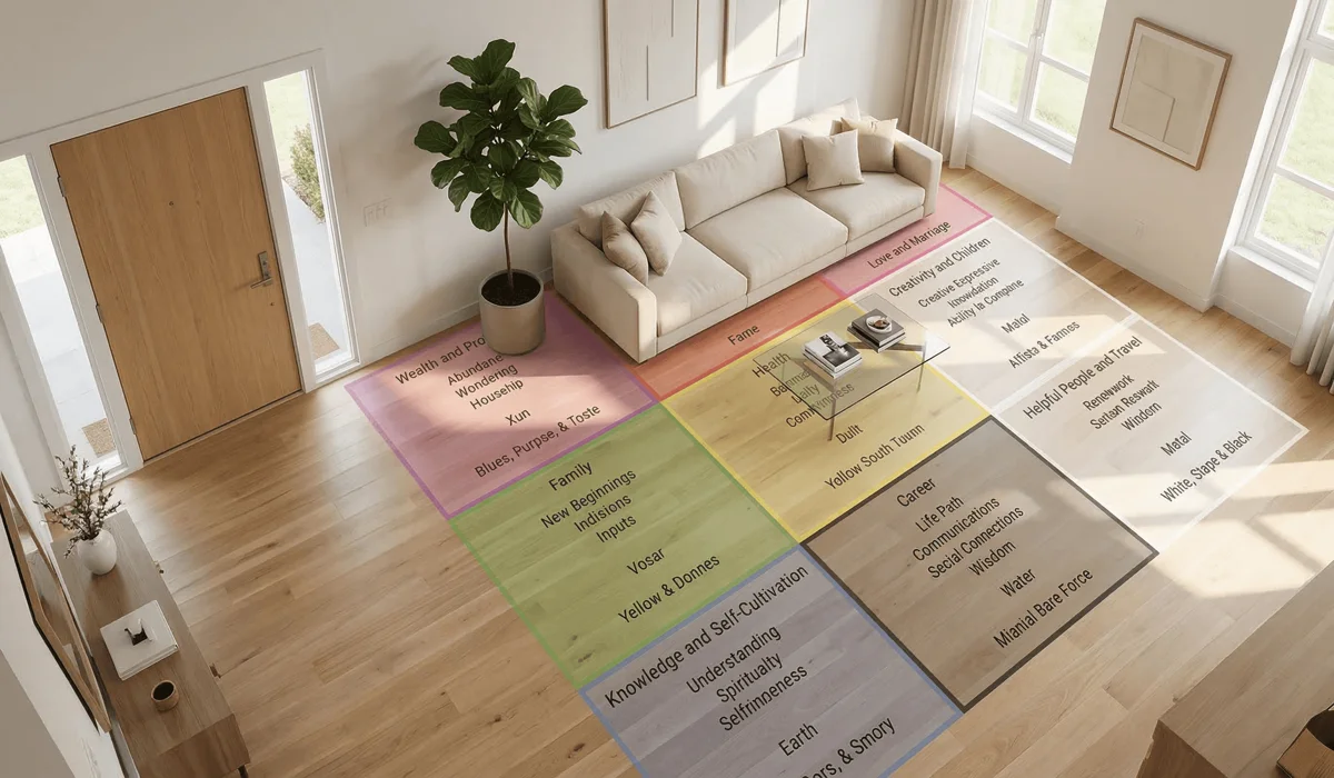 How to Use the Feng Shui Bagua Map to Attract Wealth in Your Living Room - Buddha Bodhis A living room floor plan with a semi-transparent Feng Shui Bagua Map overlay highlighting the Wealth and Prosperity sector in the far-left corner.