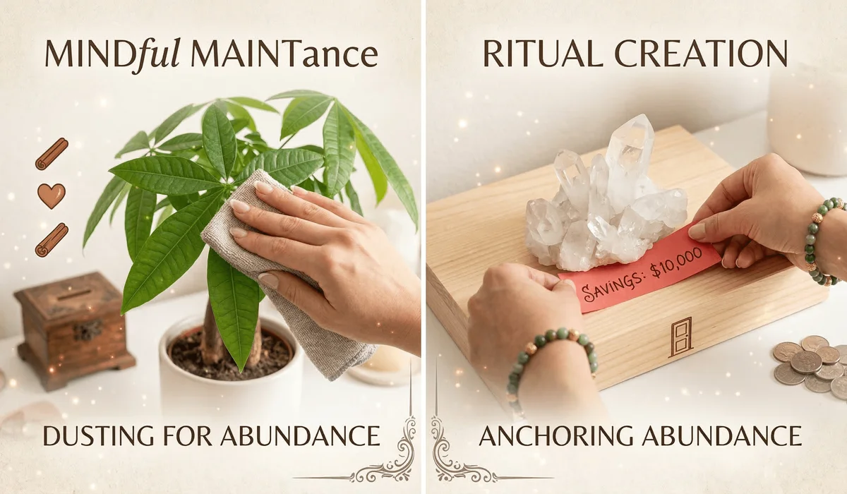 How to Use the Feng Shui Bagua Map to Attract Wealth in Your Living Room 4 - Buddha Bodhis A person performing a Feng Shui maintenance ritual by cleaning plants and setting financial intentions in the living room.